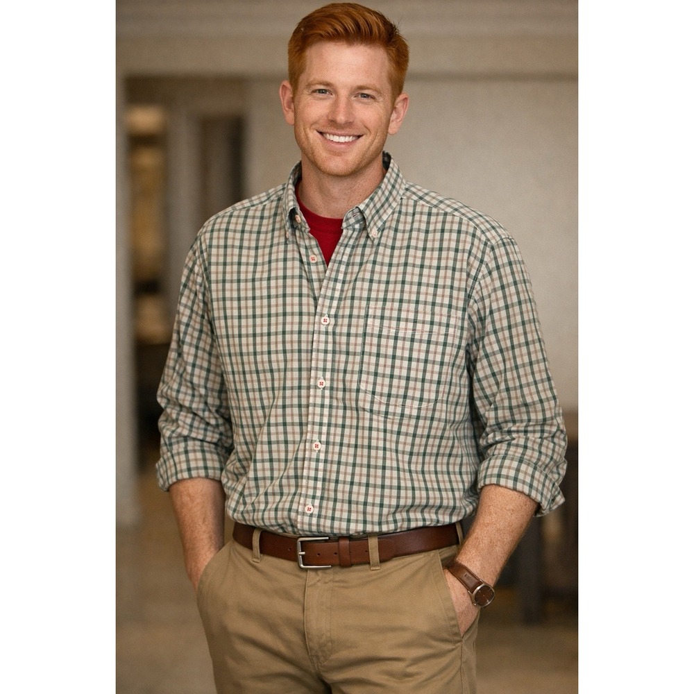 Orvis Men's Large Green‎ Khaki Plaid Button Down Long Sleeve Casual Shirt